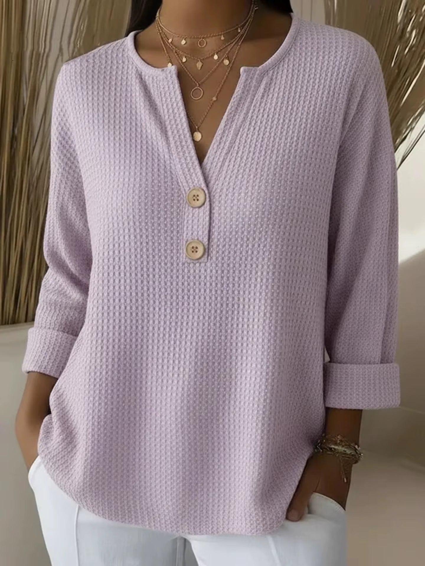 FLASH SALE – Waffle Knit Button V-Neck Top